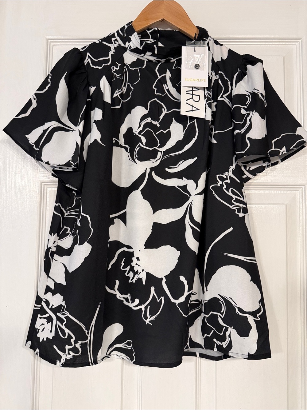 Sugarlips Black & White Shadow Floral Mock Neck Flutter Sleeve Top